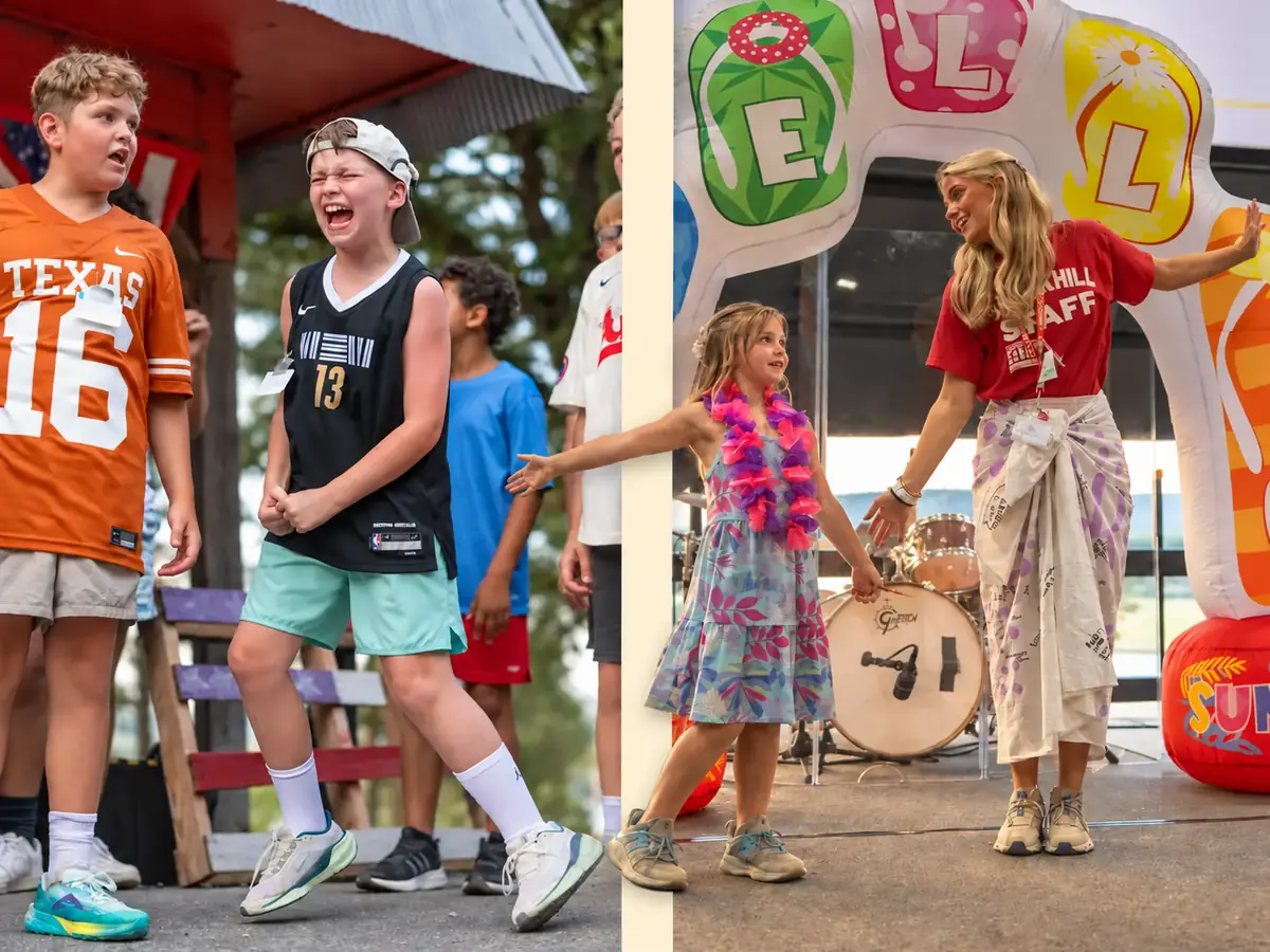 Campers in sports jerseys and luau outfits performing on stage at Brookhill Ranch